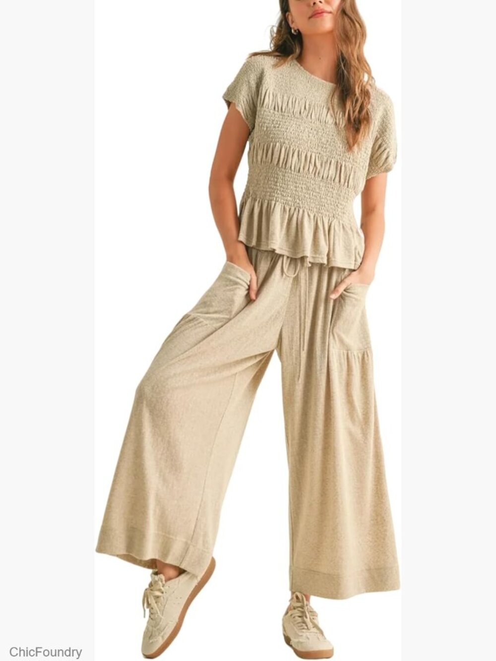 Womens 2 Piece Smocked Top Wide-Leg Pants Set Lounge Pajama Outfit Matching Set